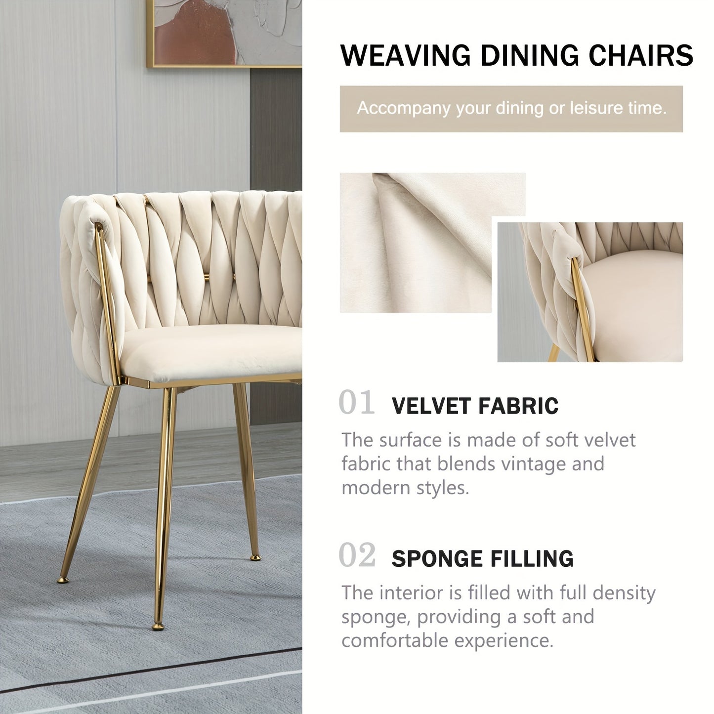 Modern Velvet Upholstered Dining Chairs Set of 2 with Golden Metal Legs for Living Room, Dining Room, Kitchen