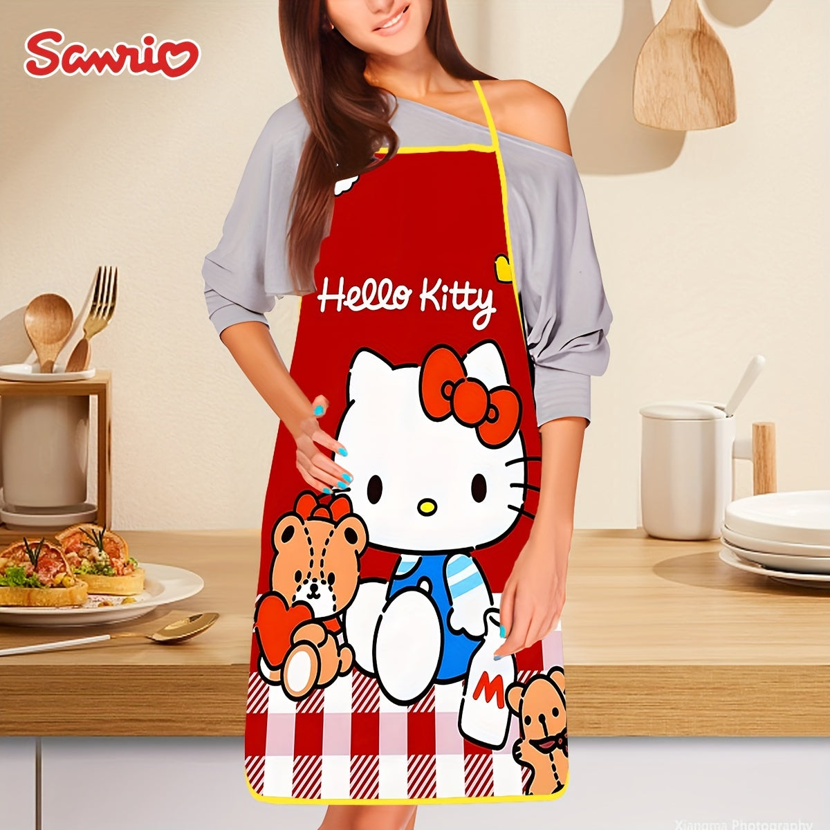 Sanrio Hello Kitty Cartoon Apron - Cute Polyester Non-Woven Fabric Kitchen Apron for Cooking, Baking, Restaurant Service - Official Sanrio Brand - Environmentally Friendly Cooking Apron for Women (1-Pack)