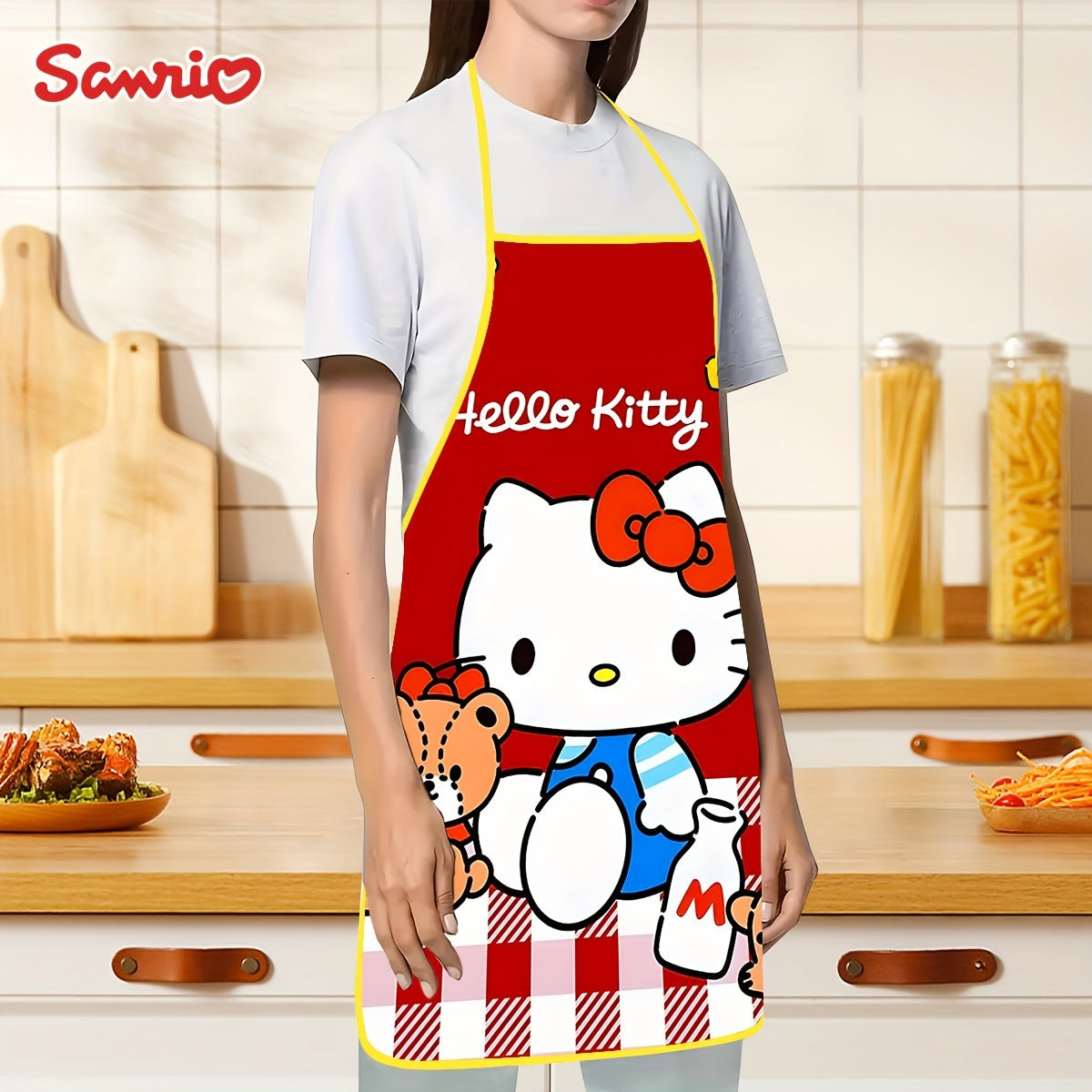 Sanrio Hello Kitty Cartoon Apron - Cute Polyester Non-Woven Fabric Kitchen Apron for Cooking, Baking, Restaurant Service - Official Sanrio Brand - Environmentally Friendly Cooking Apron for Women (1-Pack)