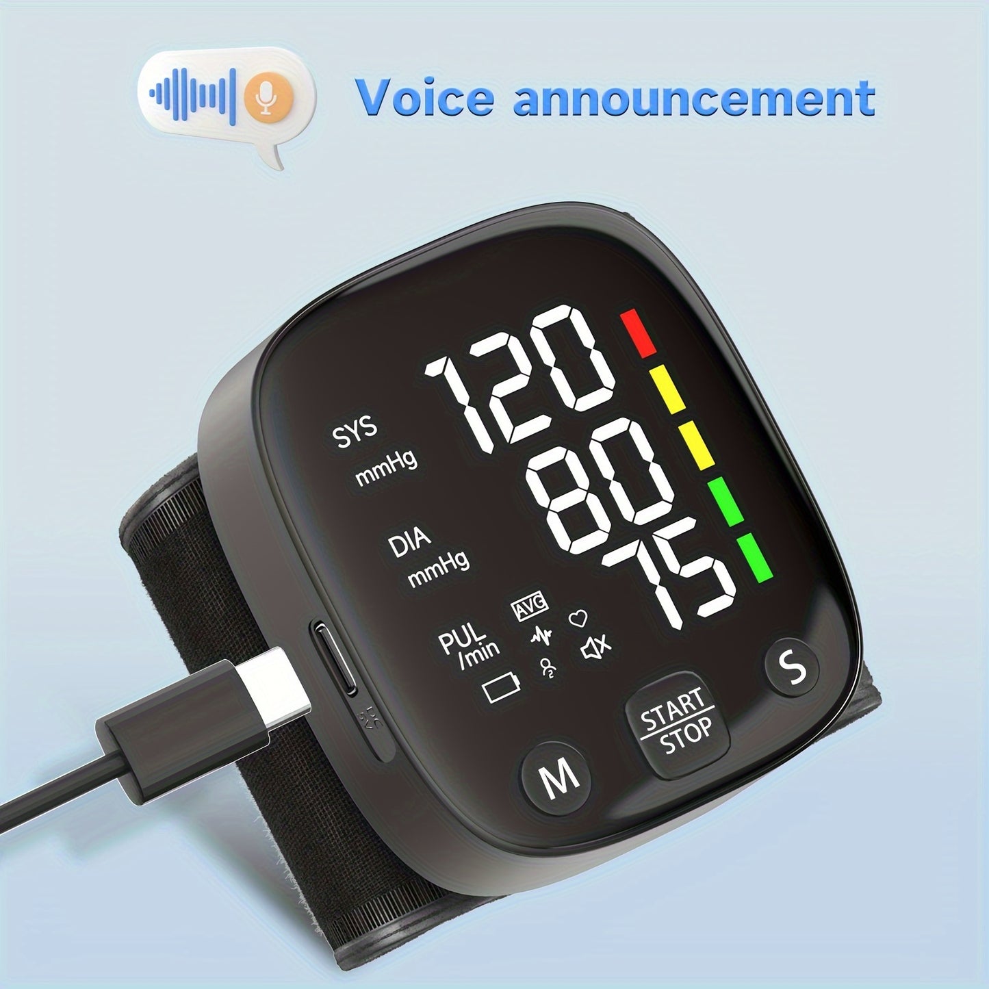 1pc LED Rechargeable Wrist Blood Pressure Monitor, Intelligent Voice Broadcast, With Storage Box (Built-in Lithium Battery)