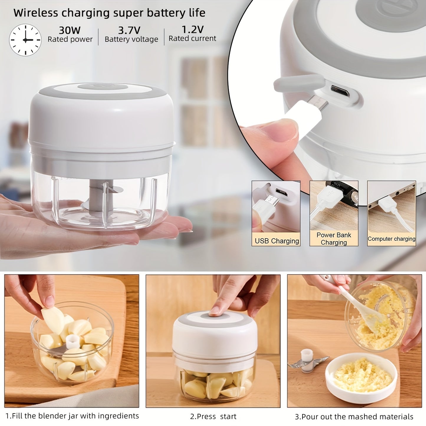 1 piece 250ml USB Rechargeable Garlic Mixer and Electric Shredder - Small Automatic Cooking Machine for Multi-Scene Use - Available in Various Colors