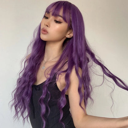 Long Purple Synthetic Body Wavy Wig with Bangs for Black Women Cosplay Party Christmas Halloween Wigs Daily Natural Hair