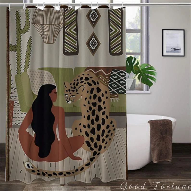 Elegant Black Girl And Leopard Shower Waterproof Shower Curtain Bathroom Decoration