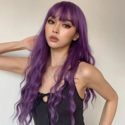 Long Purple Synthetic Body Wavy Wig with Bangs for Black Women Cosplay Party Christmas Halloween Wigs Daily Natural Hair