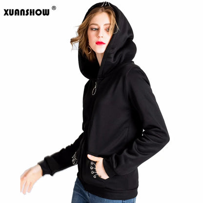 XUANSHOW 2024 Women Hoodies Gothic Punk Iron Ring Sweatshirts Autumn Winter Long Sleeve Zip-up Black Jacket Zipper Ladies Coat