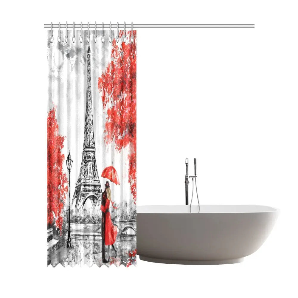 Elegant Paris Tower Couple Red Umbrella Trees Waterproof Polyester Bathroom Shower Curtain