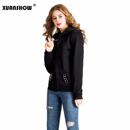 XUANSHOW 2024 Women Hoodies Gothic Punk Iron Ring Sweatshirts Autumn Winter Long Sleeve Zip-up Black Jacket Zipper Ladies Coat