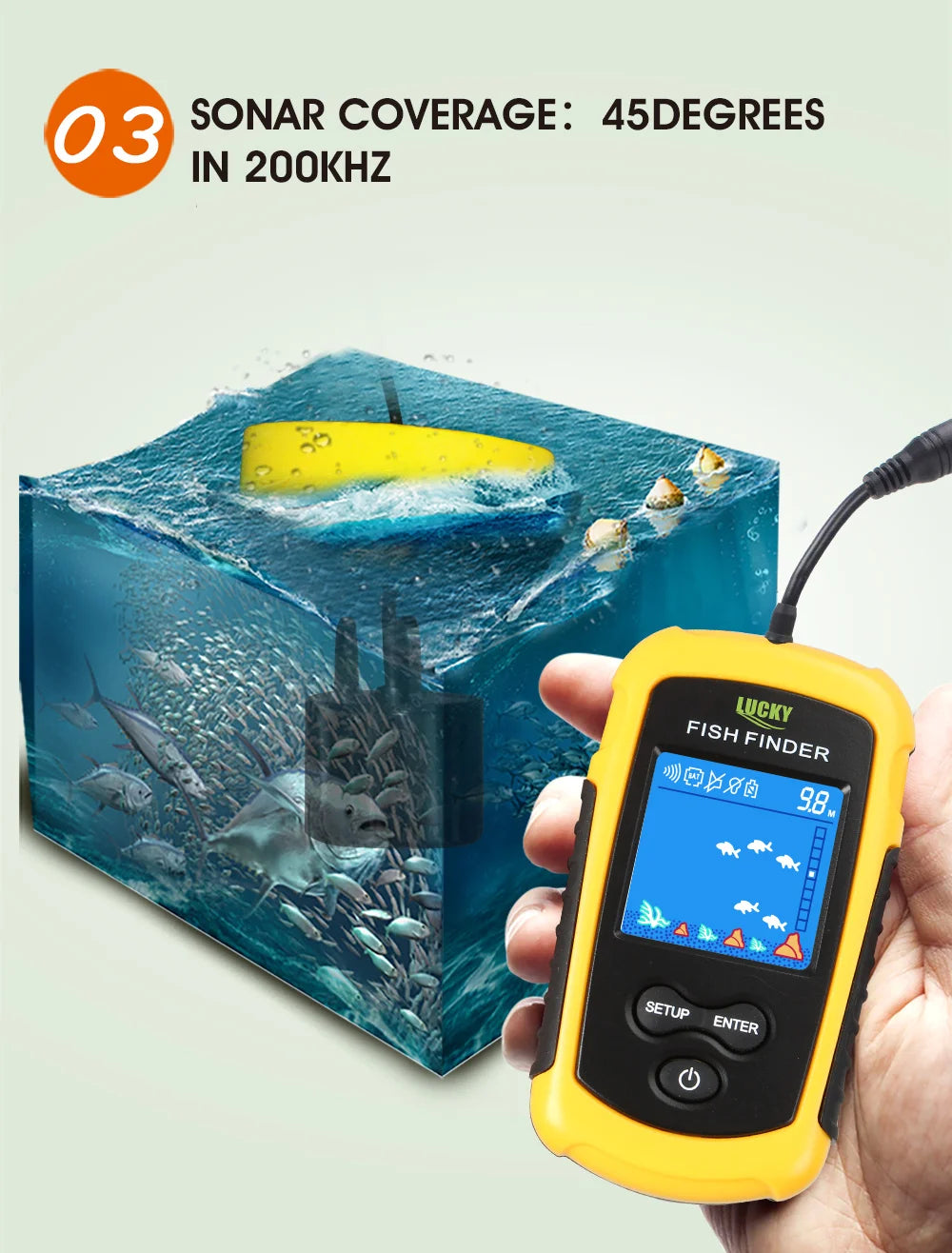 FFC1108-1 Alarm 100M Portable Sonar Fish Finders 45 degrees Sonar Coverage Echo Sounder Alarm Transducer Lake Sea Fishing