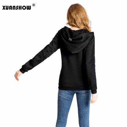 XUANSHOW 2024 Women Hoodies Gothic Punk Iron Ring Sweatshirts Autumn Winter Long Sleeve Zip-up Black Jacket Zipper Ladies Coat