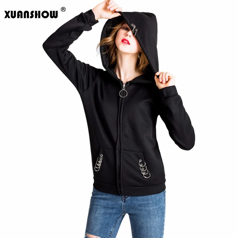 XUANSHOW 2024 Women Hoodies Gothic Punk Iron Ring Sweatshirts Autumn Winter Long Sleeve Zip-up Black Jacket Zipper Ladies Coat