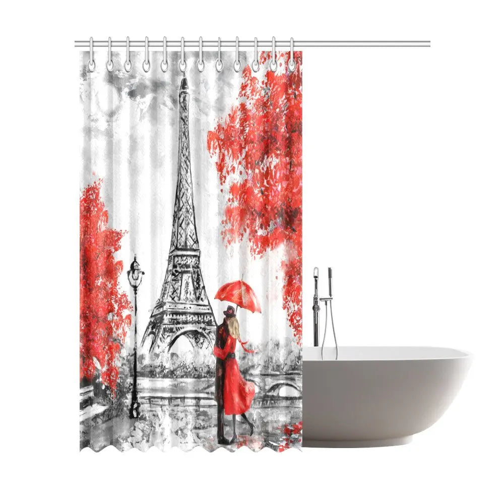 Elegant Paris Tower Couple Red Umbrella Trees Waterproof Polyester Bathroom Shower Curtain