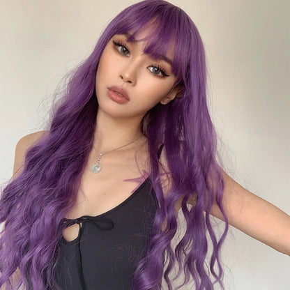 Long Purple Synthetic Body Wavy Wig with Bangs for Black Women Cosplay Party Christmas Halloween Wigs Daily Natural Hair