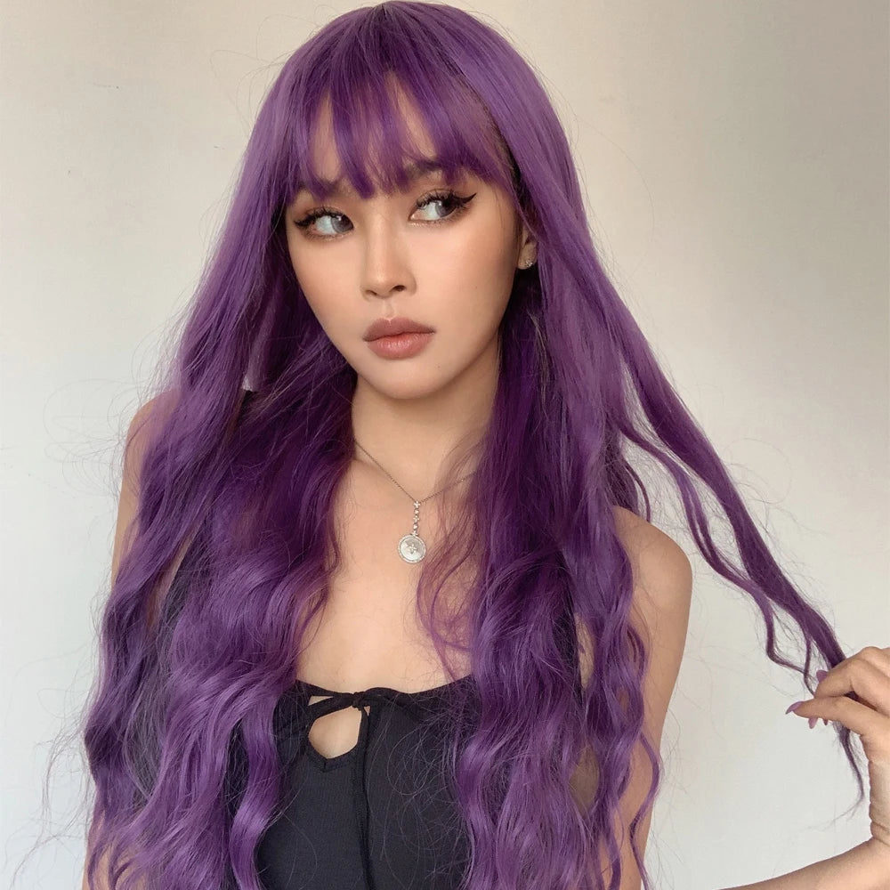 Long Purple Synthetic Body Wavy Wig with Bangs for Black Women Cosplay Party Christmas Halloween Wigs Daily Natural Hair