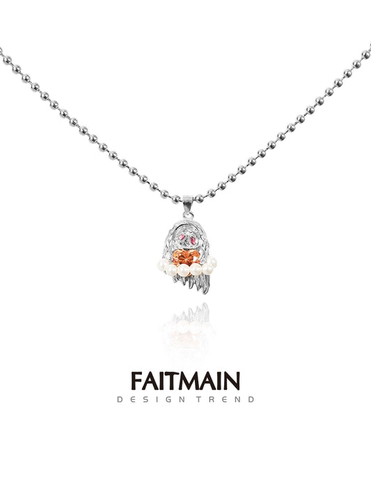 Faitmain Niche Style Sterling Silver Ghost Necklace Little Devil Pearl Pendant Sweet Cool Sweater Chain Halloween Gift Tide