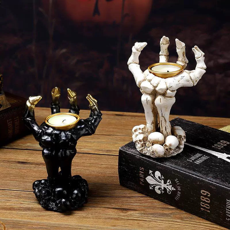 Halloween Decorative Skeleton Mask Palm Candlestick Horror Chamber Escape Table Decoration Props Resin Decorations