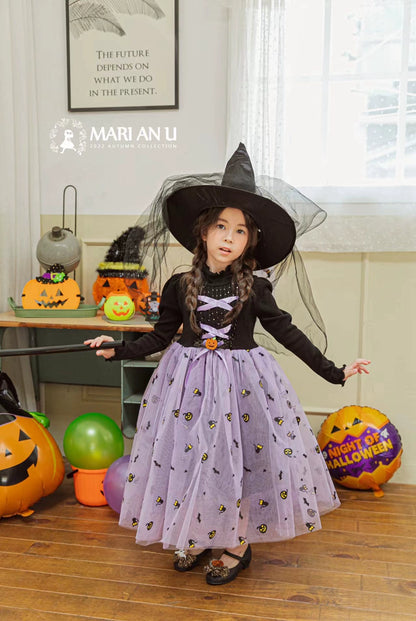 Girl Dress South Korea Children's Clothing Marianu2022 Autumn and Winter Mesh Halloween Pumpkin Dress Rainbow Princess Dress