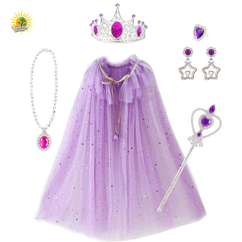 Fairy Cloak Crown Headdress Kids Little Princess Truncheon Magic Stick Cloak Little Girl Birthday Gift