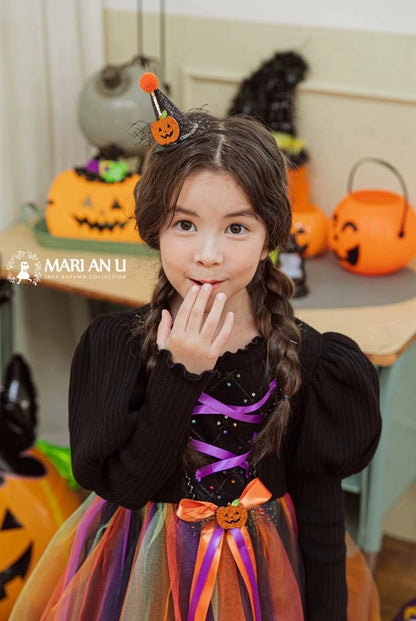 Girl Dress South Korea Children's Clothing Marianu2022 Autumn and Winter Mesh Halloween Pumpkin Dress Rainbow Princess Dress