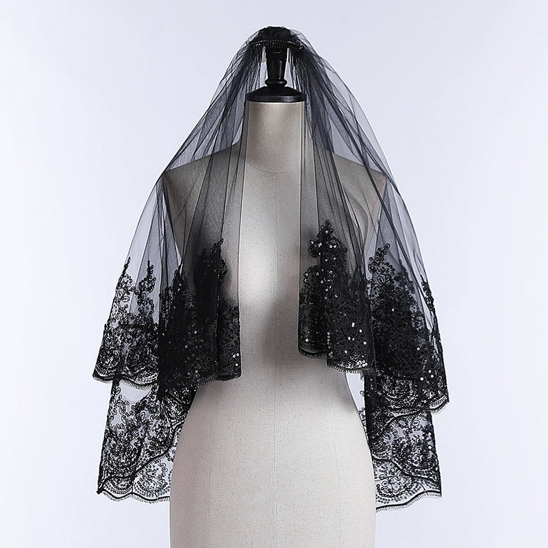 Black Big Lace Bridal Dress Halloween Veil