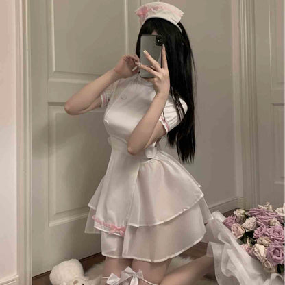 New Sexy Open Back Nurse Uniform Maid Halloween Cosplay Cos Suit Cut Out Nightdress