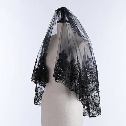 Black Big Lace Bridal Dress Halloween Veil