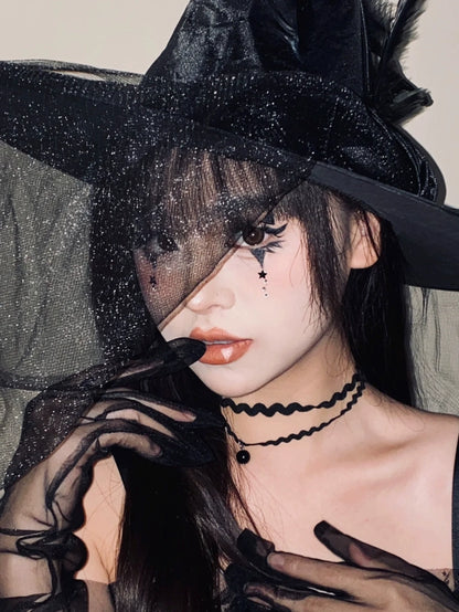 Halloween Witch Hat Cos Mesh Witch Wizard Big Witch Hat Dress up Costume Head Accessories Photo Props