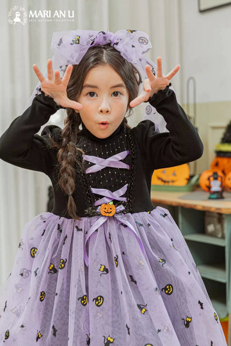 Girl Dress South Korea Children's Clothing Marianu2022 Autumn and Winter Mesh Halloween Pumpkin Dress Rainbow Princess Dress