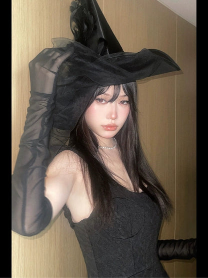 Halloween Witch Hat Cos Mesh Witch Wizard Big Witch Hat Dress up Costume Head Accessories Photo Props