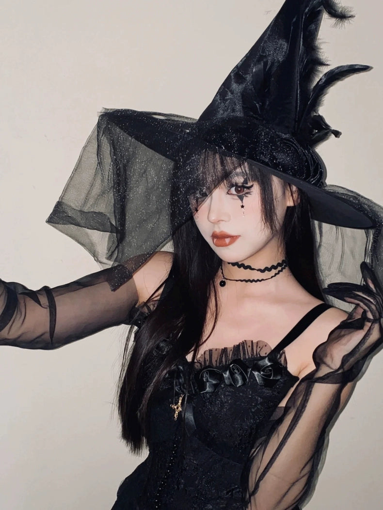 Halloween Witch Hat Cos Mesh Witch Wizard Big Witch Hat Dress up Costume Head Accessories Photo Props