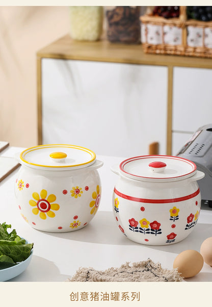 Seasoning Box Ceramic Household Kitchen Fresh Style Lard Jar Heat-Resistant Seasoning Pepper Oil Special Jar with Cover Spoon