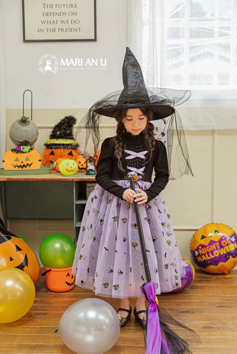 Girl Dress South Korea Children's Clothing Marianu2022 Autumn and Winter Mesh Halloween Pumpkin Dress Rainbow Princess Dress