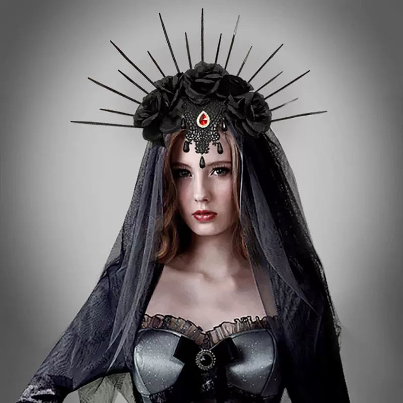 Halloween Wedding Dress up Veil Headband Gothic Crown Mesh Black Rose Retro Europe and America Dress up Veil