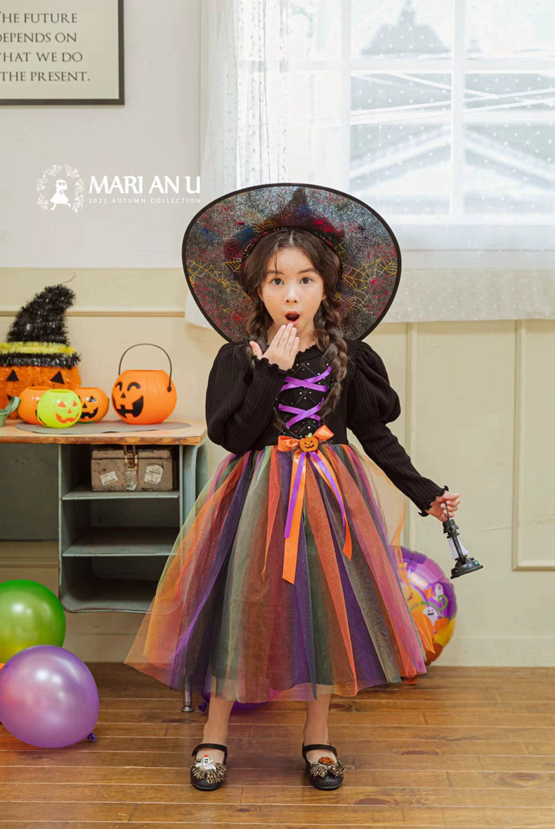 Girl Dress South Korea Children's Clothing Marianu2022 Autumn and Winter Mesh Halloween Pumpkin Dress Rainbow Princess Dress