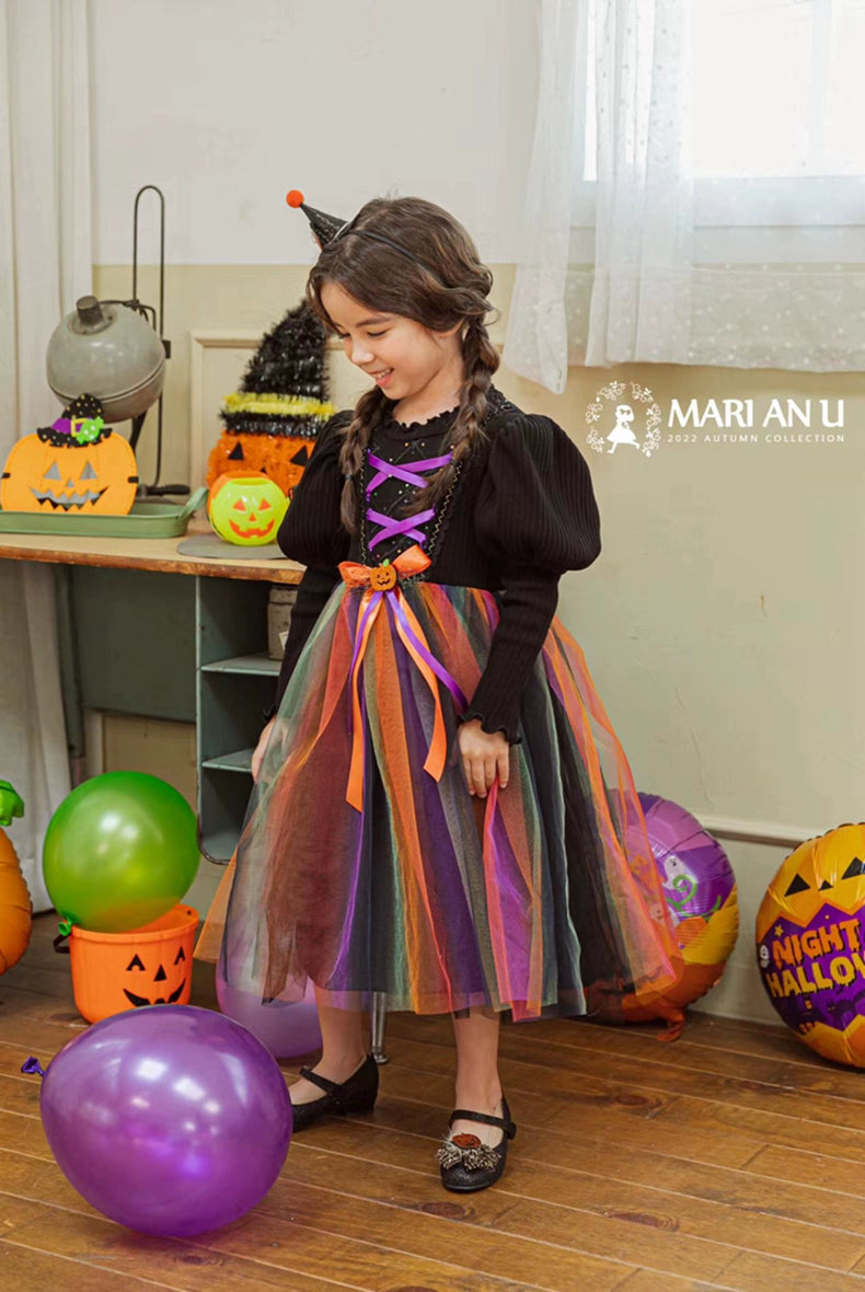 Girl Dress South Korea Children's Clothing Marianu2022 Autumn and Winter Mesh Halloween Pumpkin Dress Rainbow Princess Dress