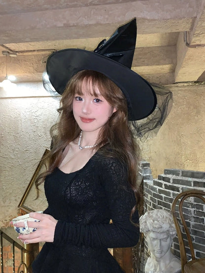 Halloween Witch Hat Cos Mesh Witch Wizard Big Witch Hat Dress up Costume Head Accessories Photo Props