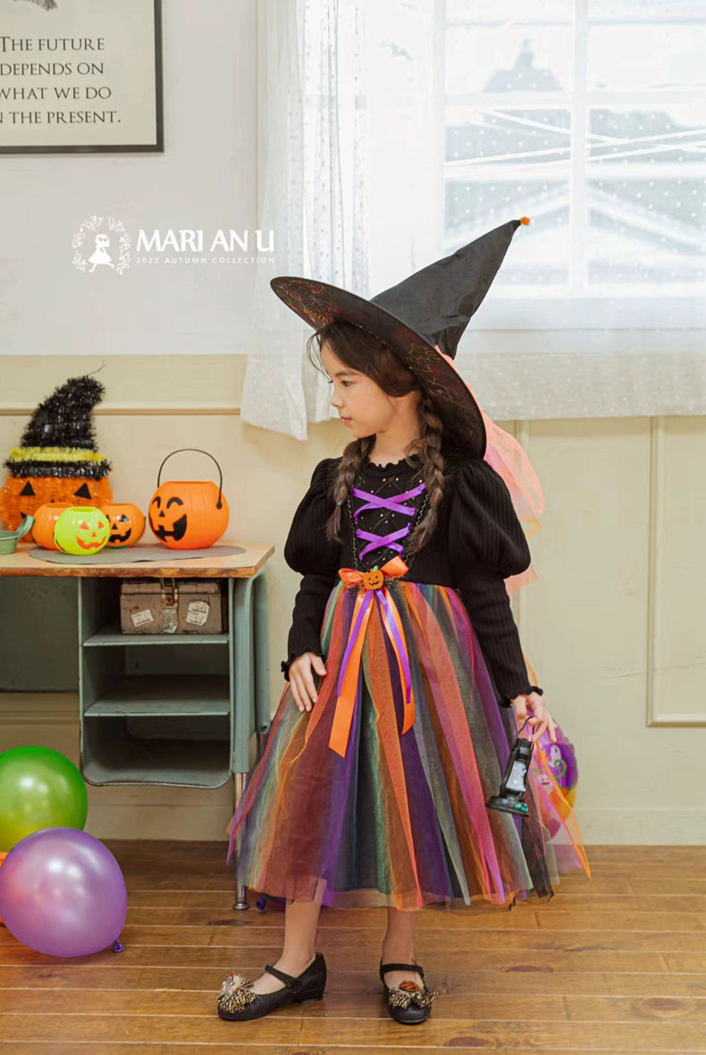 Girl Dress South Korea Children's Clothing Marianu2022 Autumn and Winter Mesh Halloween Pumpkin Dress Rainbow Princess Dress