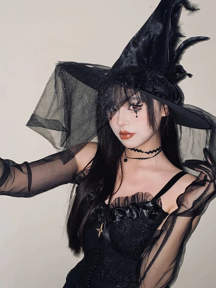 Halloween Witch Hat Cos Mesh Witch Wizard Big Witch Hat Dress up Costume Head Accessories Photo Props