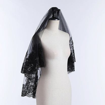 Black Big Lace Bridal Dress Halloween Veil