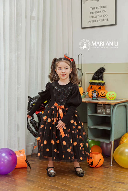 Girl Dress South Korea Children's Clothing Marianu2022 Autumn and Winter Mesh Halloween Pumpkin Dress Rainbow Princess Dress