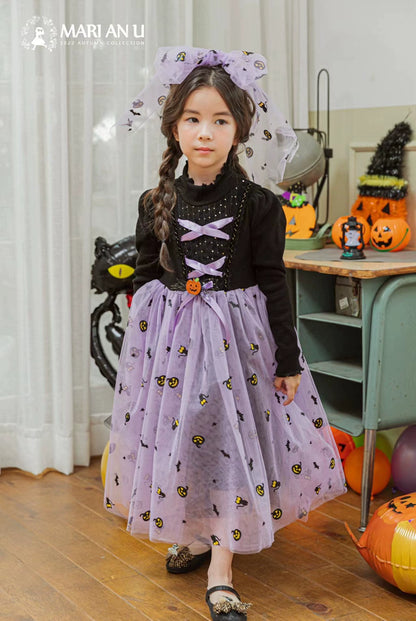 Girl Dress South Korea Children's Clothing Marianu2022 Autumn and Winter Mesh Halloween Pumpkin Dress Rainbow Princess Dress