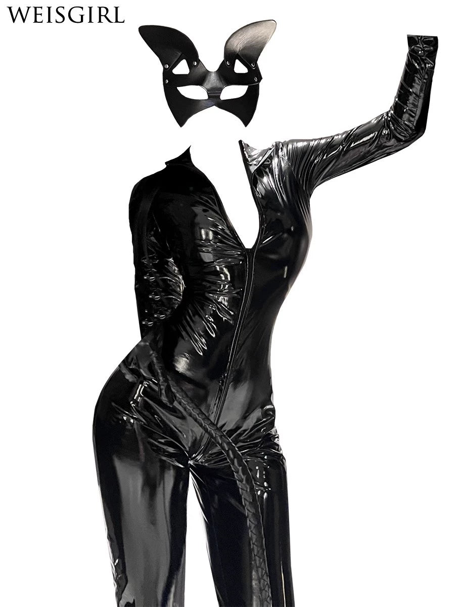 Halloween Sexy Pu Queen Tight Jumpsuit Nightclub Uniform Bar Night Show Cos Cat Girl Seduction Suit