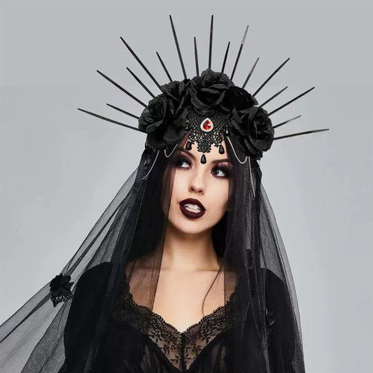 Halloween Wedding Dress up Veil Headband Gothic Crown Mesh Black Rose Retro Europe and America Dress up Veil