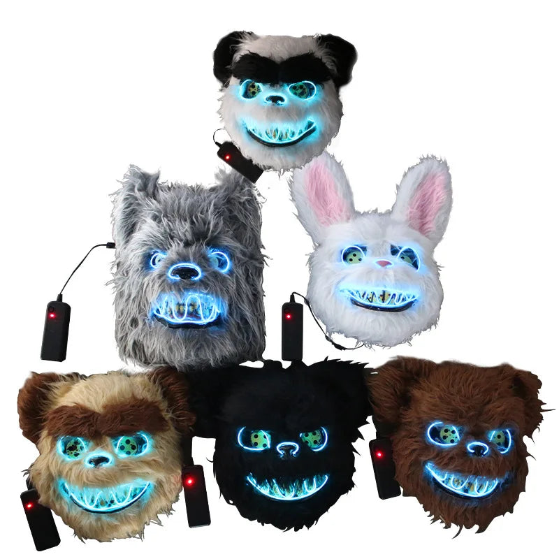 Bear Mask Horror Cosplay Killer LED Light Mask Ball Costume Supplies Bunny Mask Halloween Luminous Mask Cosplay Blood Headgear