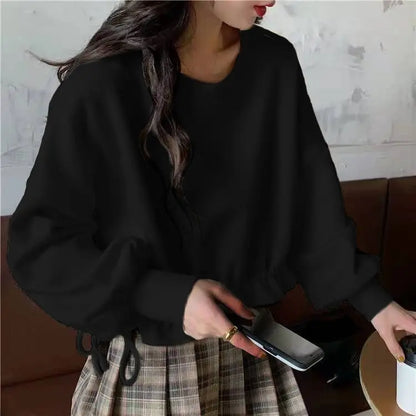 Cropped Sweatshirts Women Long Sleeve Autumn Clothing All-match Drawstring Elegant Students Solid Casual Streetwear Cute Sweet