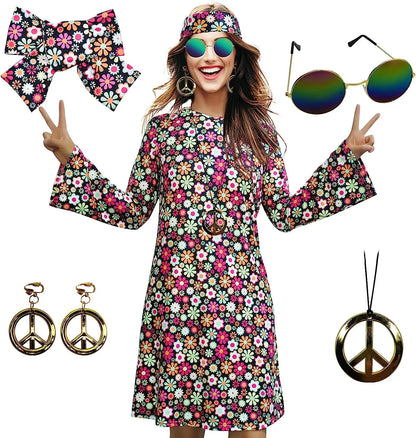 5pcs Set 60s 70s Women Hippie Costume Accessories Hippie Disco Dress , Halloween Boho Flared Hippie Dress