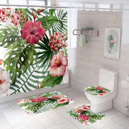 Elegant Leaves Flowers Printed Shower Curtain with Hooks High Quality Waterproof Bathroom Curtains Bath Mat Set Home Decoration