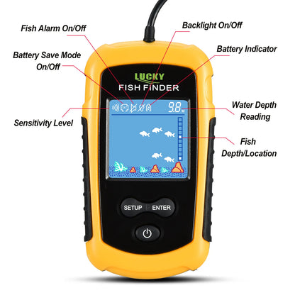 FFC1108-1 Alarm 100M Portable Sonar Fish Finders 45 degrees Sonar Coverage Echo Sounder Alarm Transducer Lake Sea Fishing