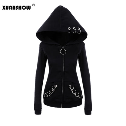 XUANSHOW 2024 Women Hoodies Gothic Punk Iron Ring Sweatshirts Autumn Winter Long Sleeve Zip-up Black Jacket Zipper Ladies Coat