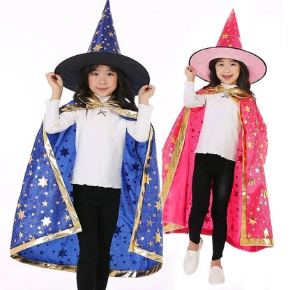 Kids Costume Teens Sparkly Halloween Cloak with Witch Hat Children Outfit Boy Girl Birthday Dress Up Long Party Photography Prop