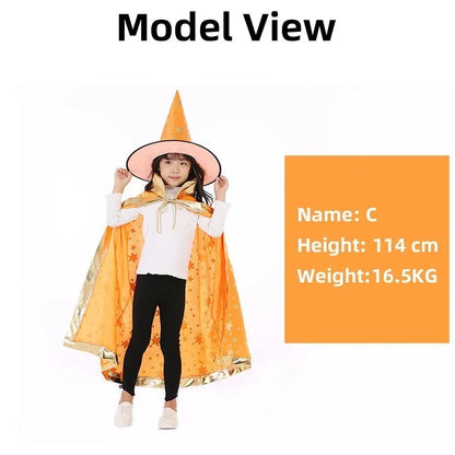 Kids Costume Teens Sparkly Halloween Cloak with Witch Hat Children Outfit Boy Girl Birthday Dress Up Long Party Photography Prop